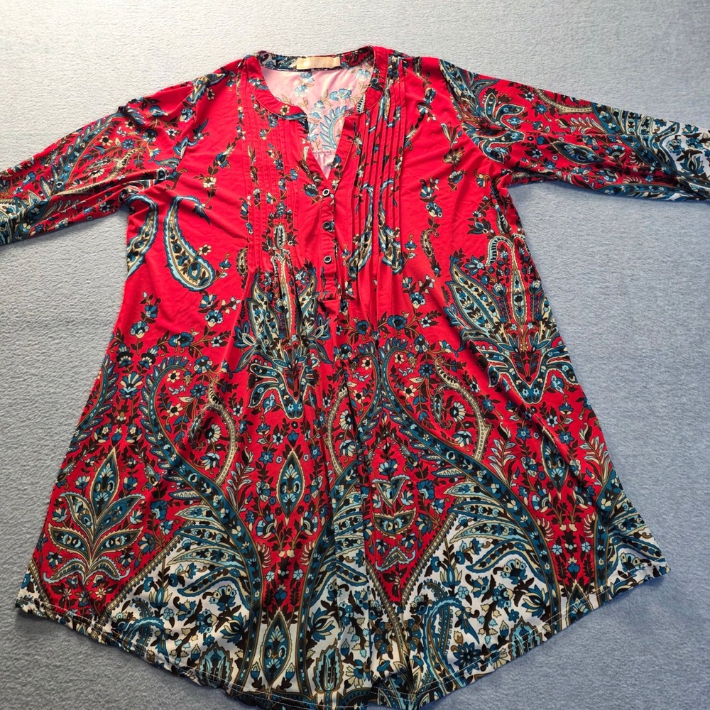 Boho Dress 3/4 Sleeve Womens Large Red Peasant Paisley Tunic La Cera